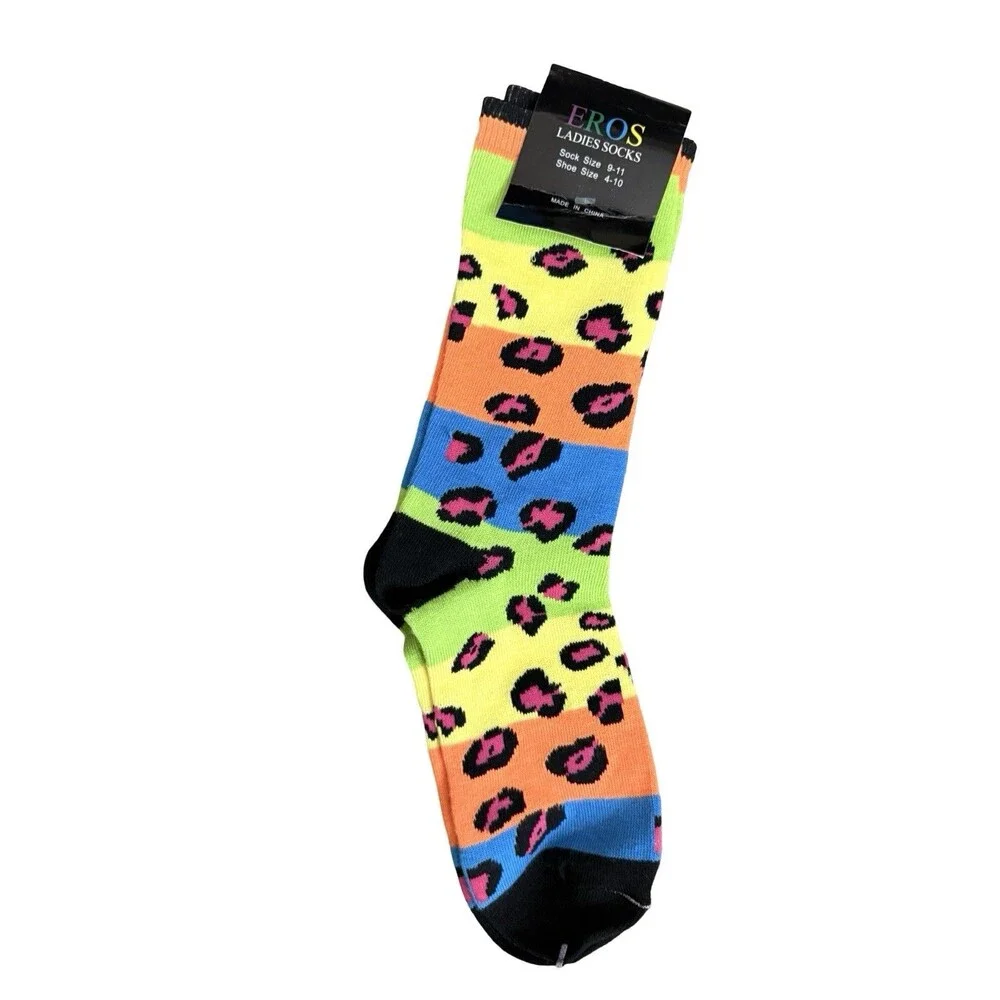 Eros Womens Colorful Crew Socks 6 Pairs Neon Argyle Leopard Zebra Size 9-11 New